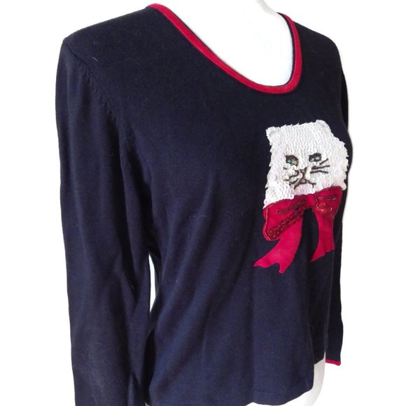 Cat Embellished "Sweater Weather" Scoop-Neck/ Sequined White Persian/ Red Bow/ - Picture 2 of 7